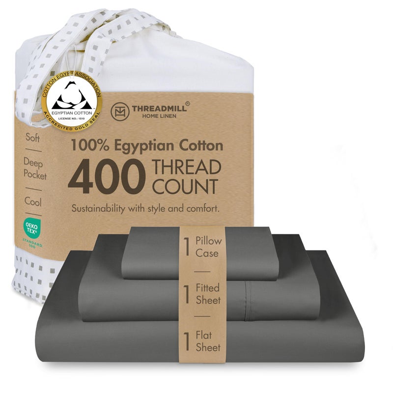 Threadmill Egyptian Cotton Twin XL Sheet Set | 100% Certified Egyptian Cotton Sheets for Twin XL Size Bed | Sateen Deep Pocket Twin XL Bed Sheets | Soft Hotel 3-Piece Cooling Sheet Set | Dark Grey - Image 1